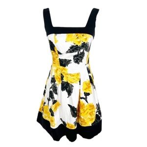 Corey P Dress Women 4 Black Yellow Floral Sleeveless Sheath Square Neck Casual